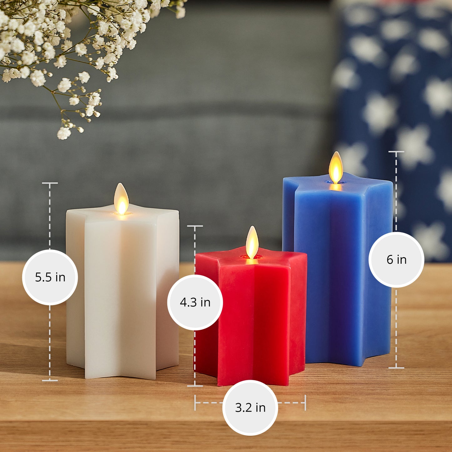 Set of 3 Red, White & Blue Star-shaped Flameless Candle Pillars