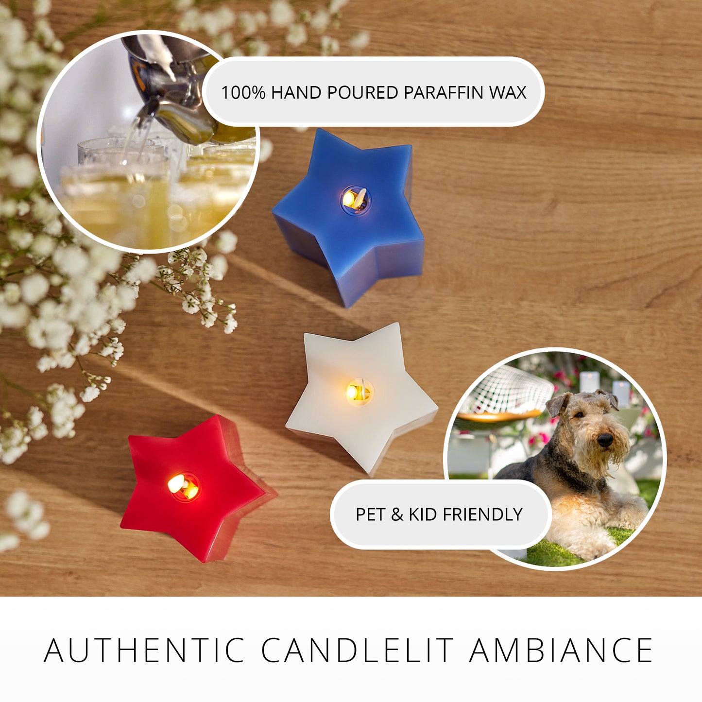 Set of 3 Red, White & Blue Star-shaped Flameless Candle Pillars