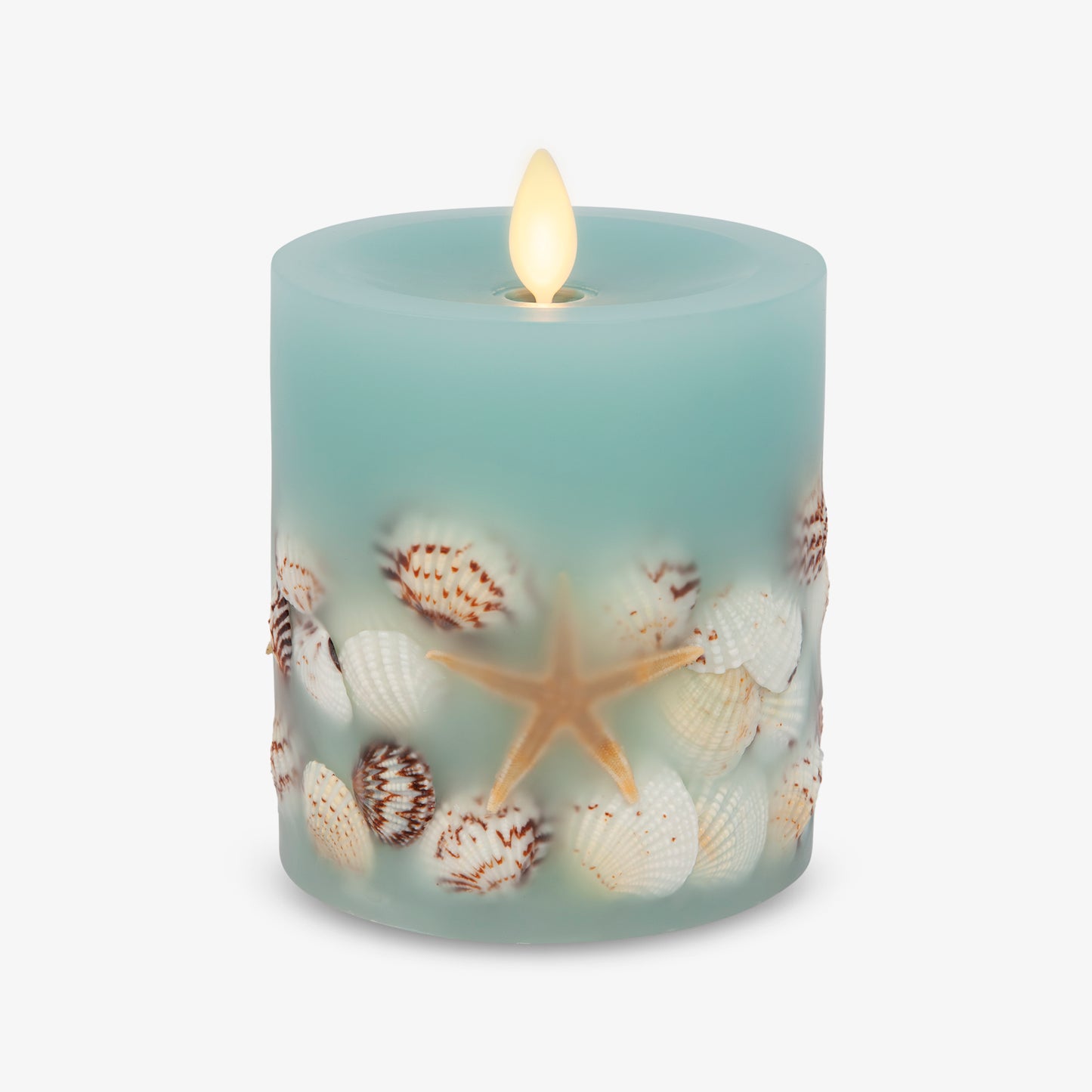 Soft Teal Embedded Seashell & Starfish Flameless Candle Pillar
