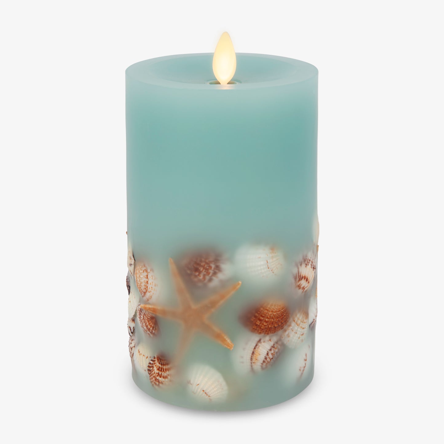 Soft Teal Embedded Seashell & Starfish Flameless Candle Pillar