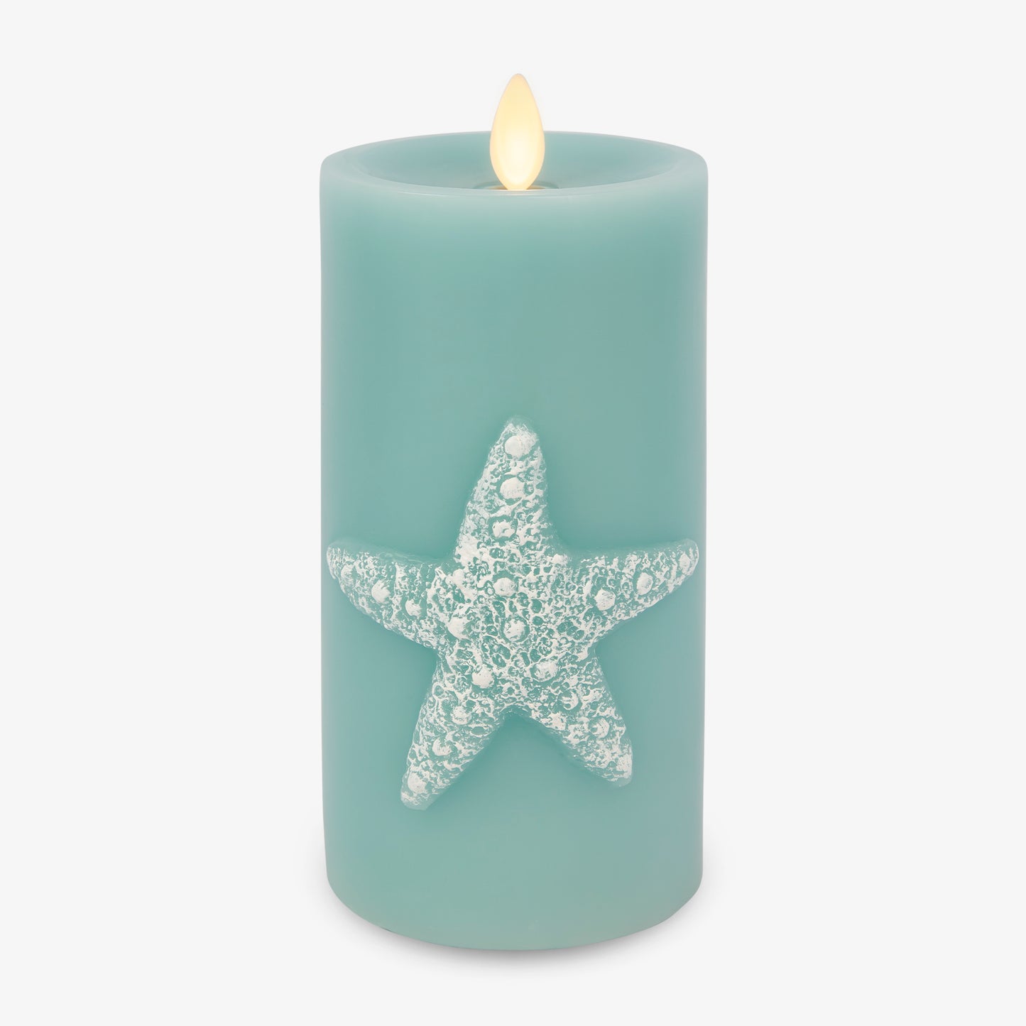 Soft Teal Embossed Starfish Flameless Candle Pillar