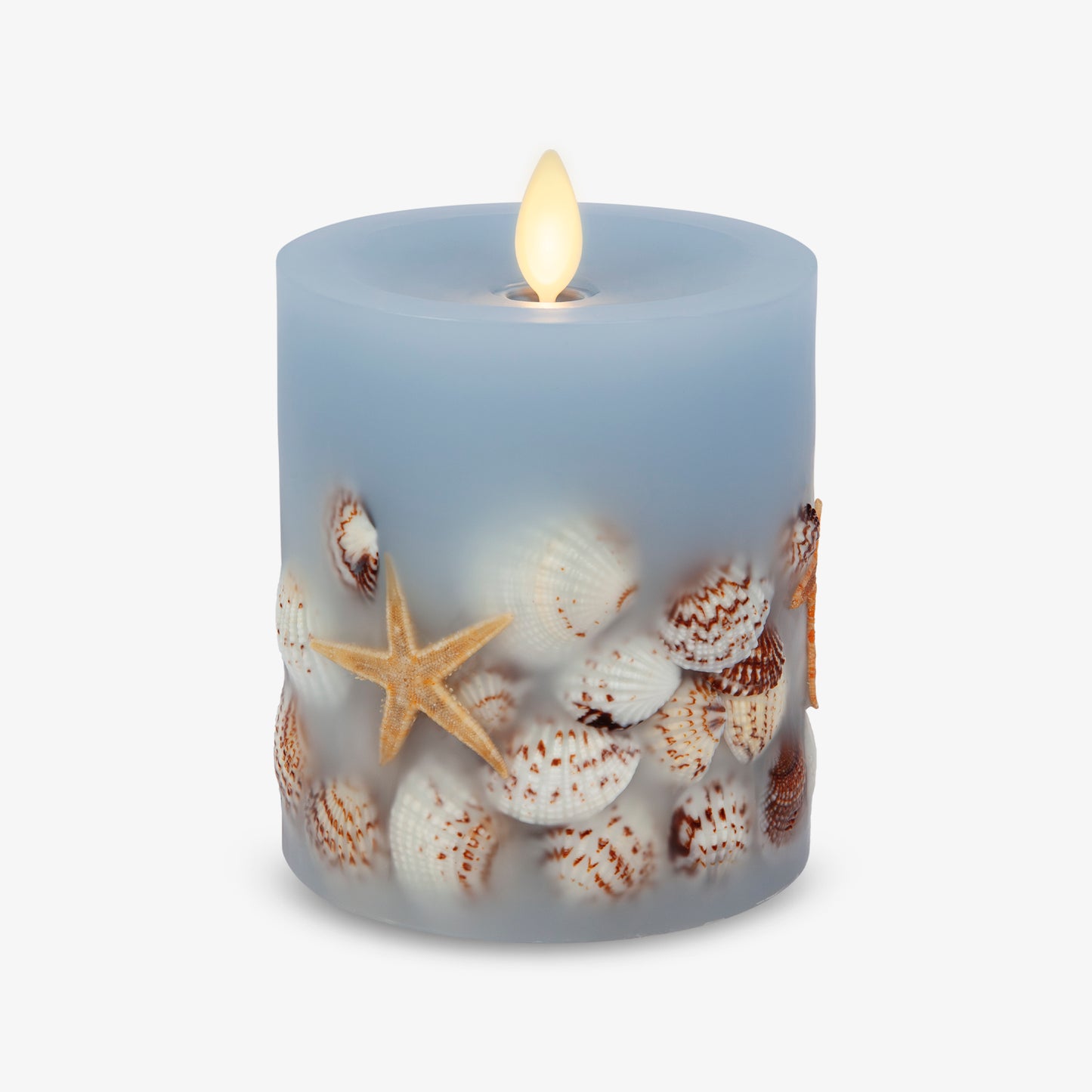 Soft Chambray Embedded Seashell & Starfish Flameless Candle Pillars