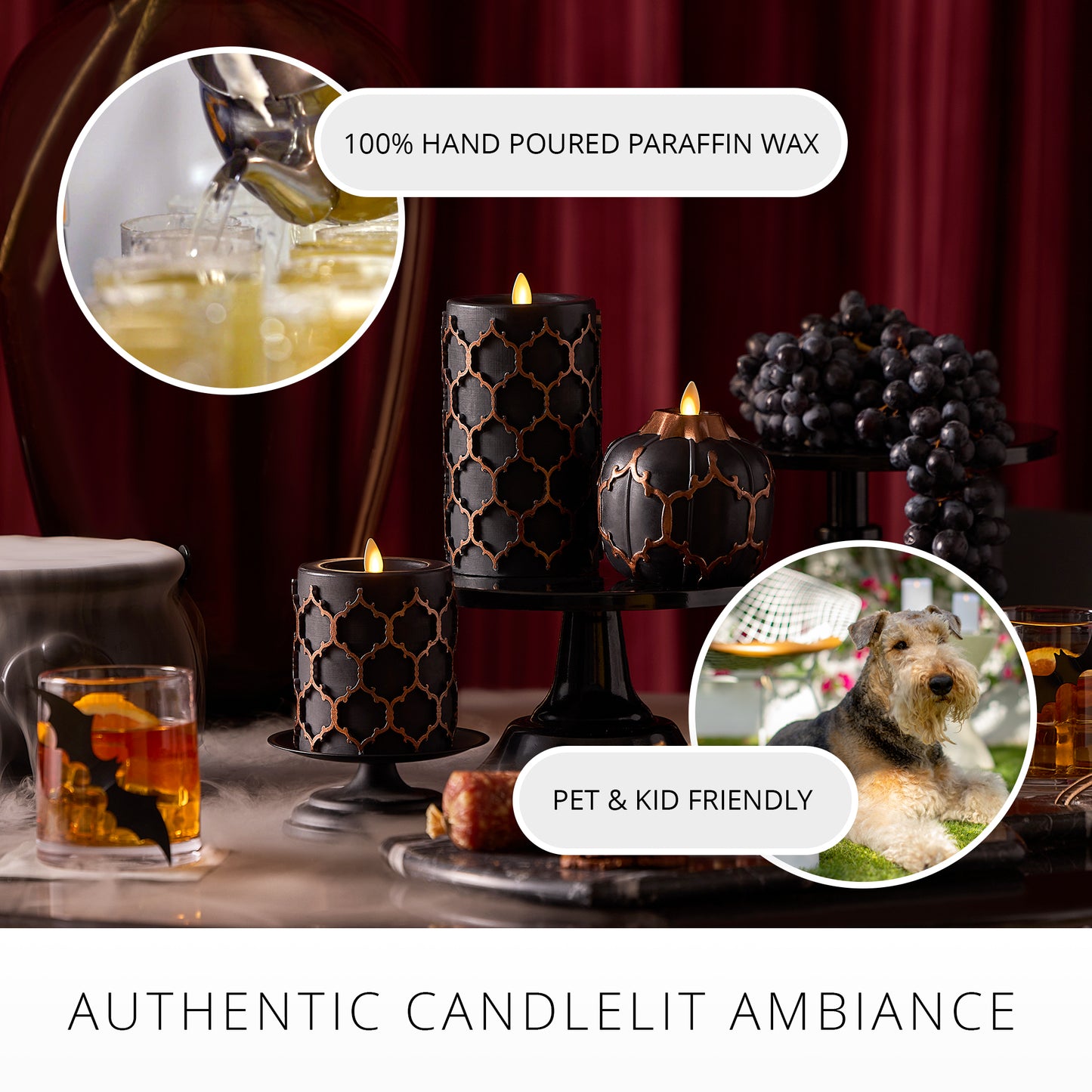 Black Embossed Fretwork Flameless Candle Pillar