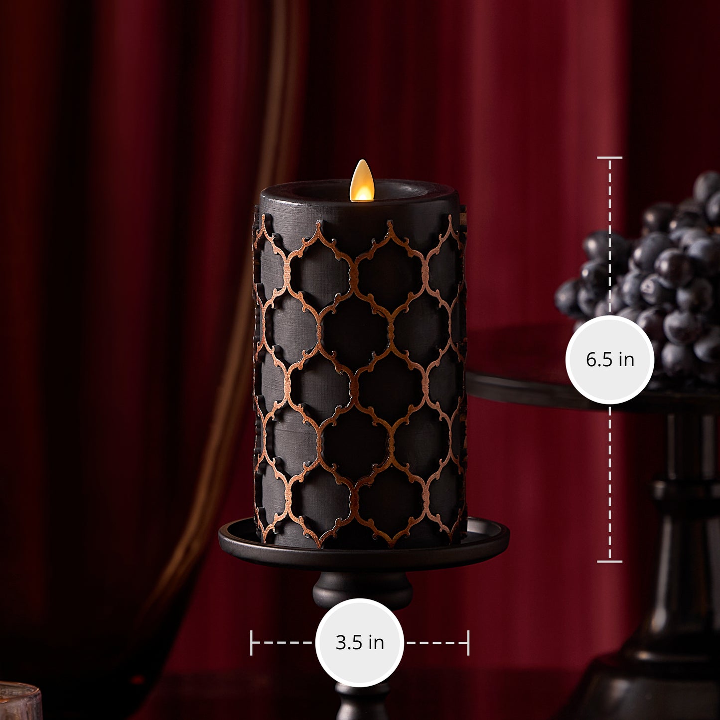Black Embossed Fretwork Flameless Candle Pillar