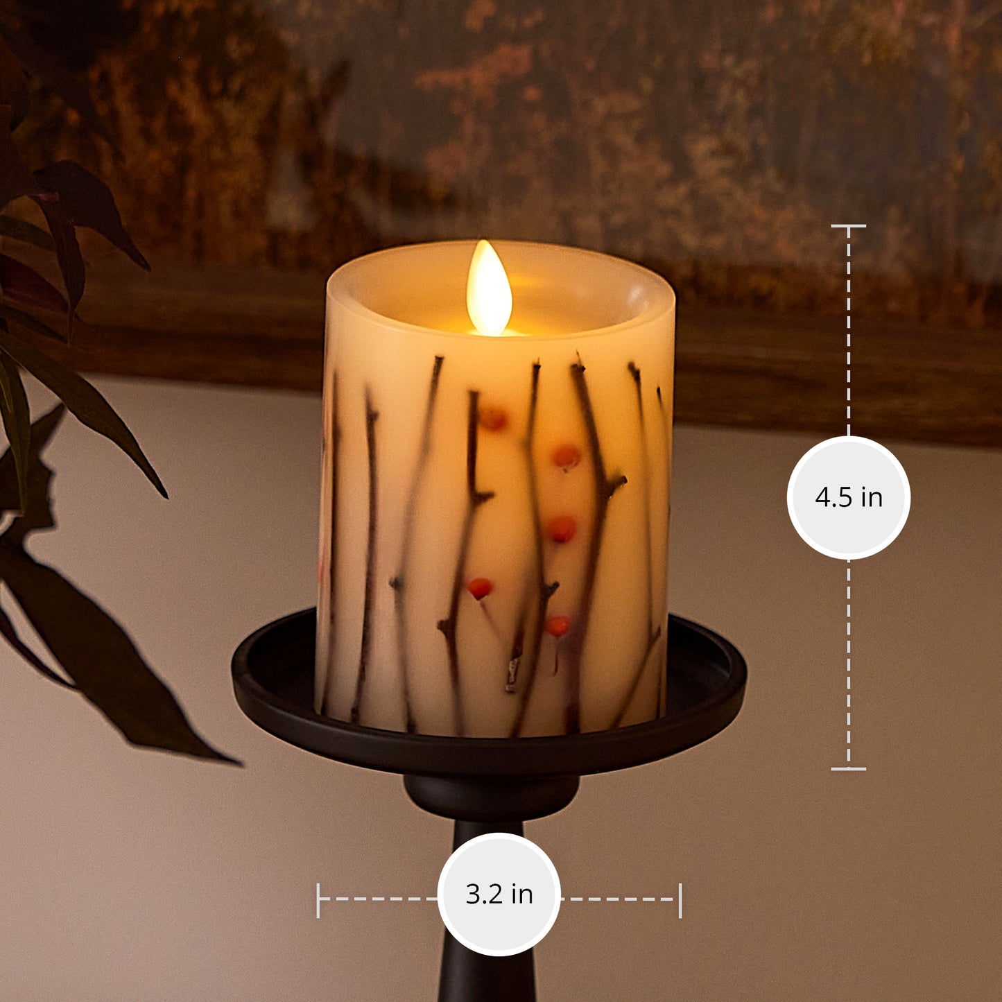 Pearl Ivory Embedded Orange Berries & Twigs Flameless Candle Pillar