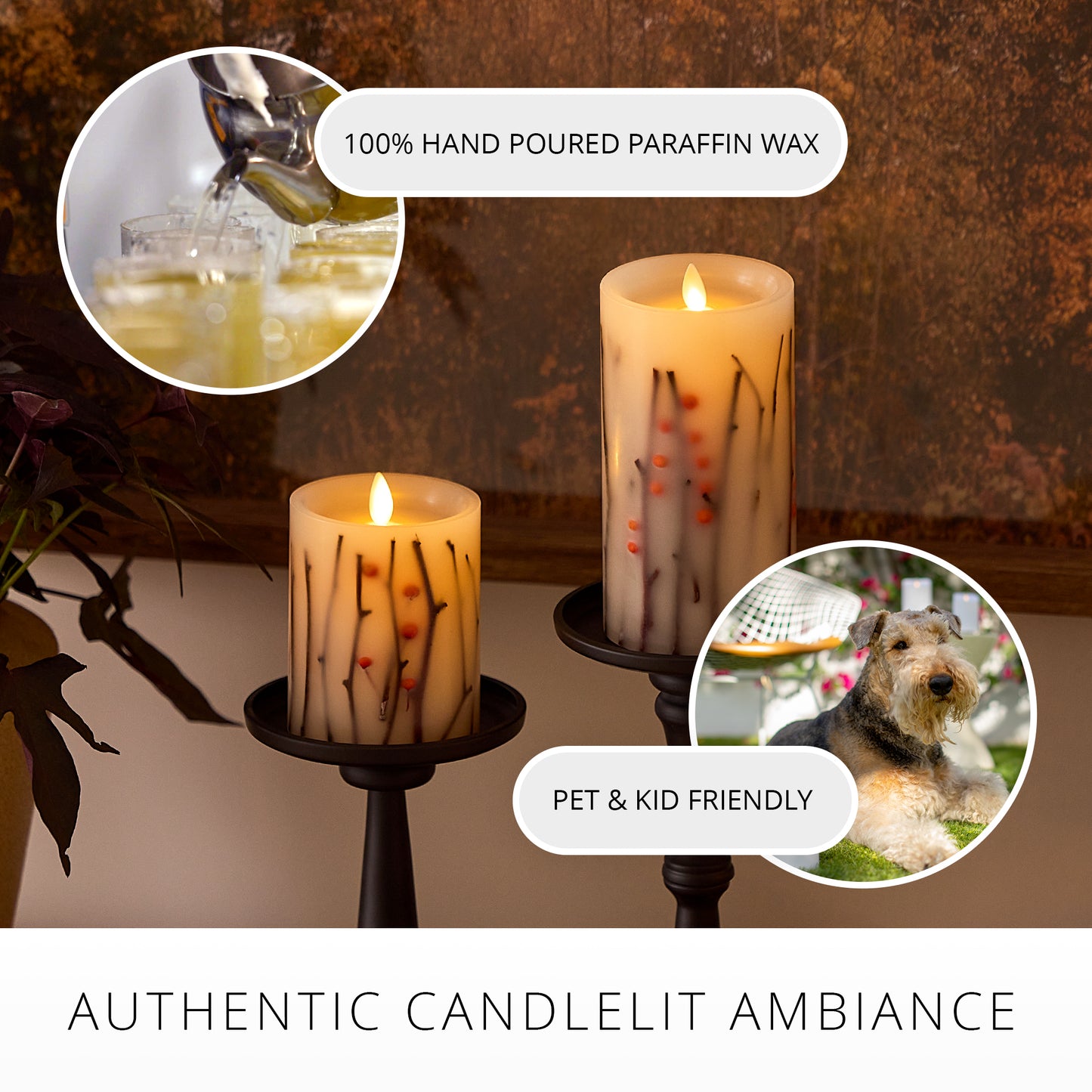 Pearl Ivory Embedded Orange Berries & Twigs Flameless Candle Pillar