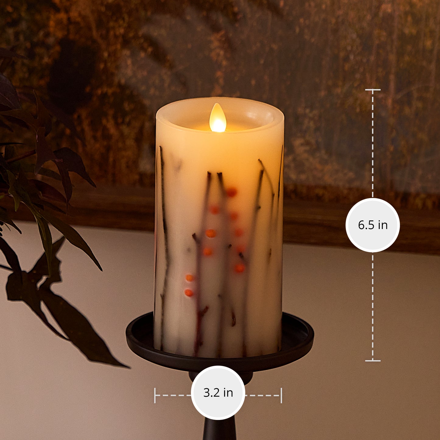 Pearl Ivory Embedded Orange Berries & Twigs Flameless Candle Pillar
