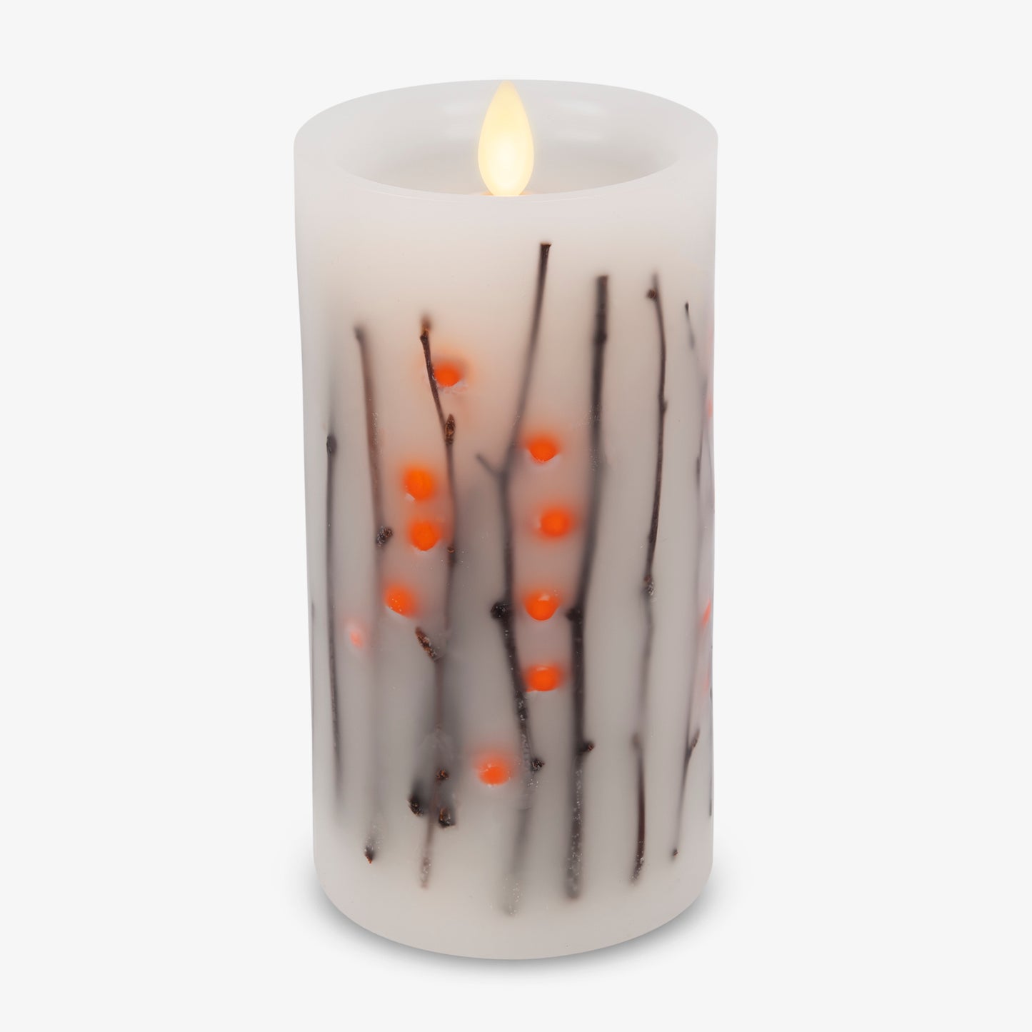 Pearl Ivory Embedded Orange Berries & Twigs Flameless Candle Pillar