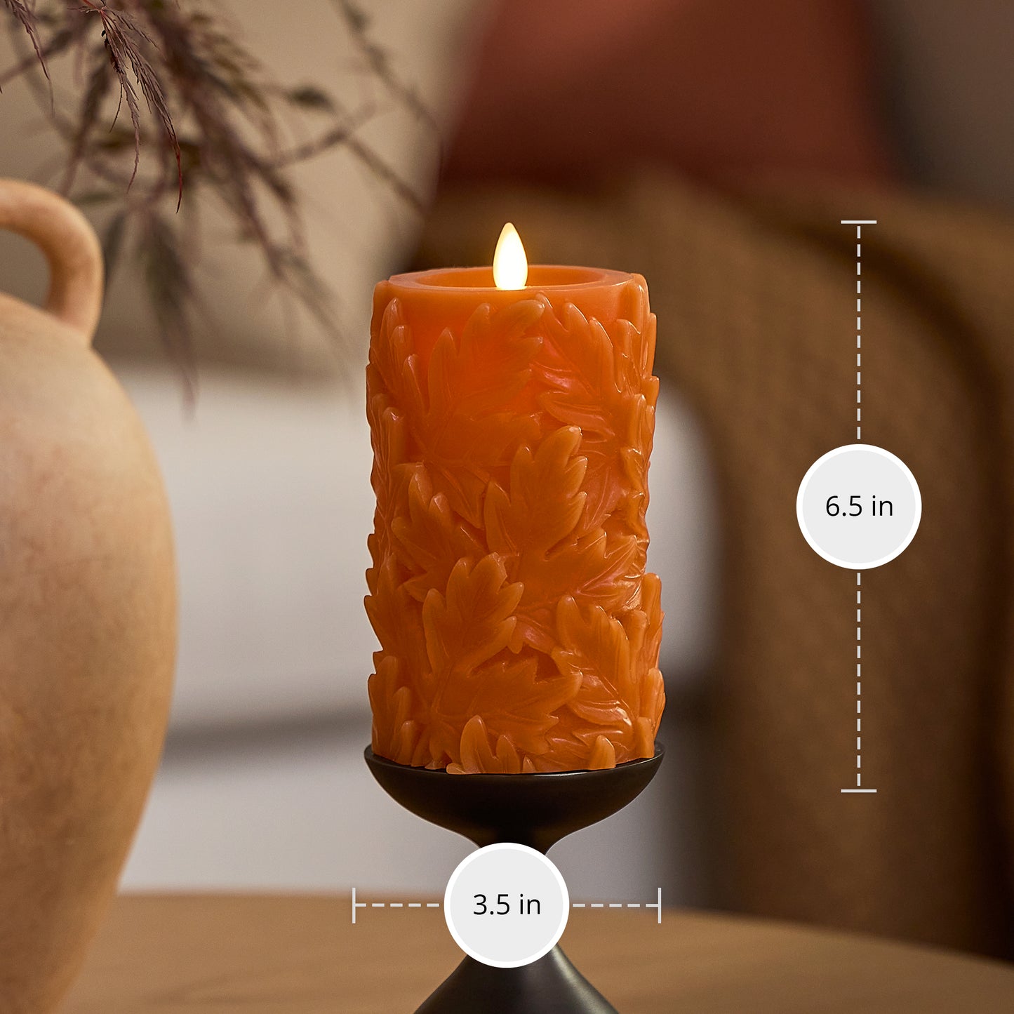 Marmalade Embossed Leaves Flameless Candle Pillars