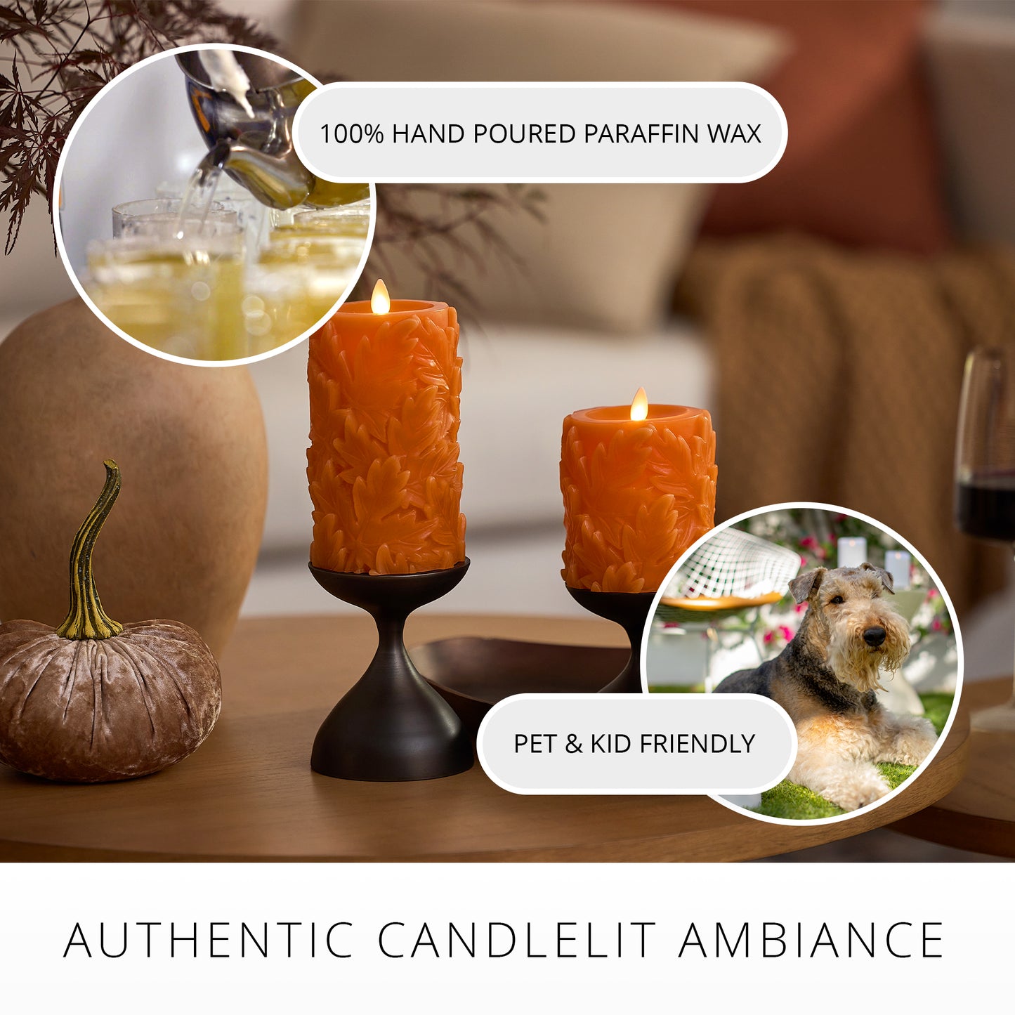 Marmalade Embossed Leaves Flameless Candle Pillars