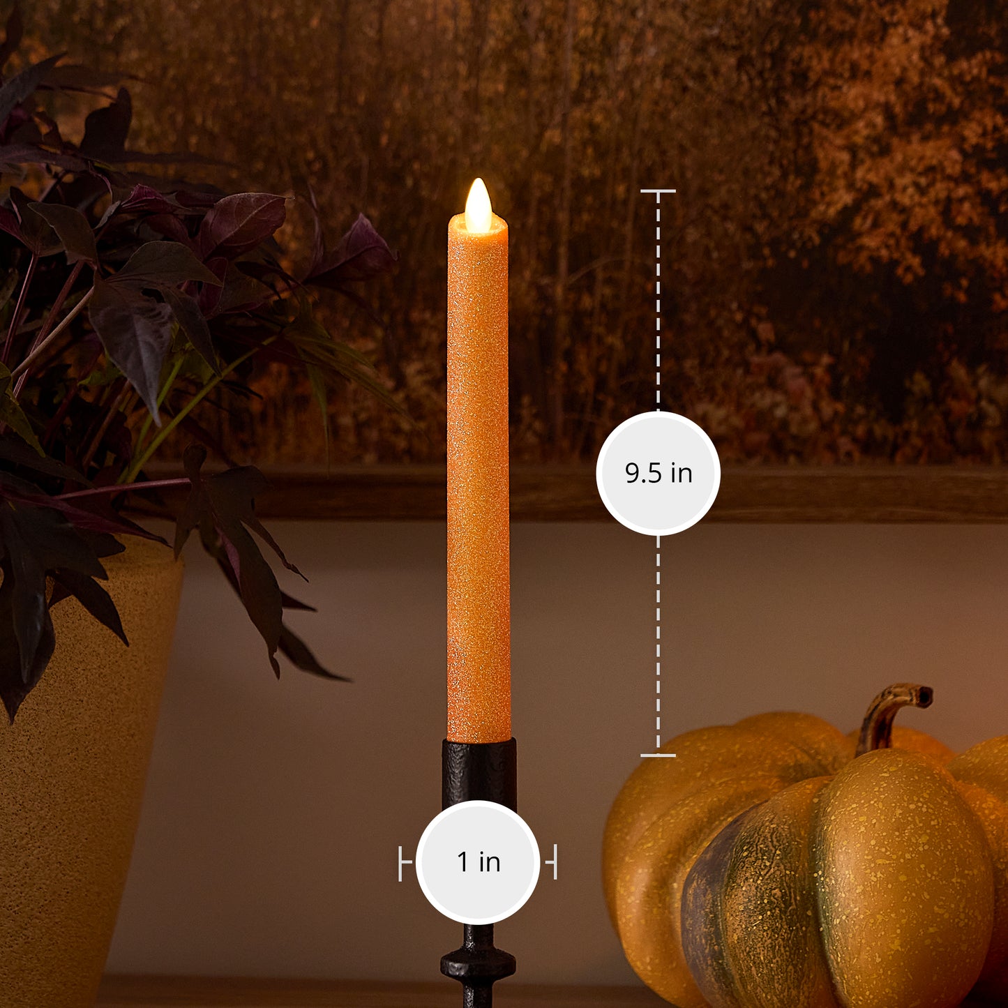 Russet Orange Glitter Flameless Candle Taper
