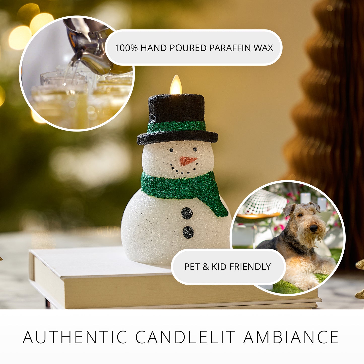 White Glitter Flameless Candle Snowman
