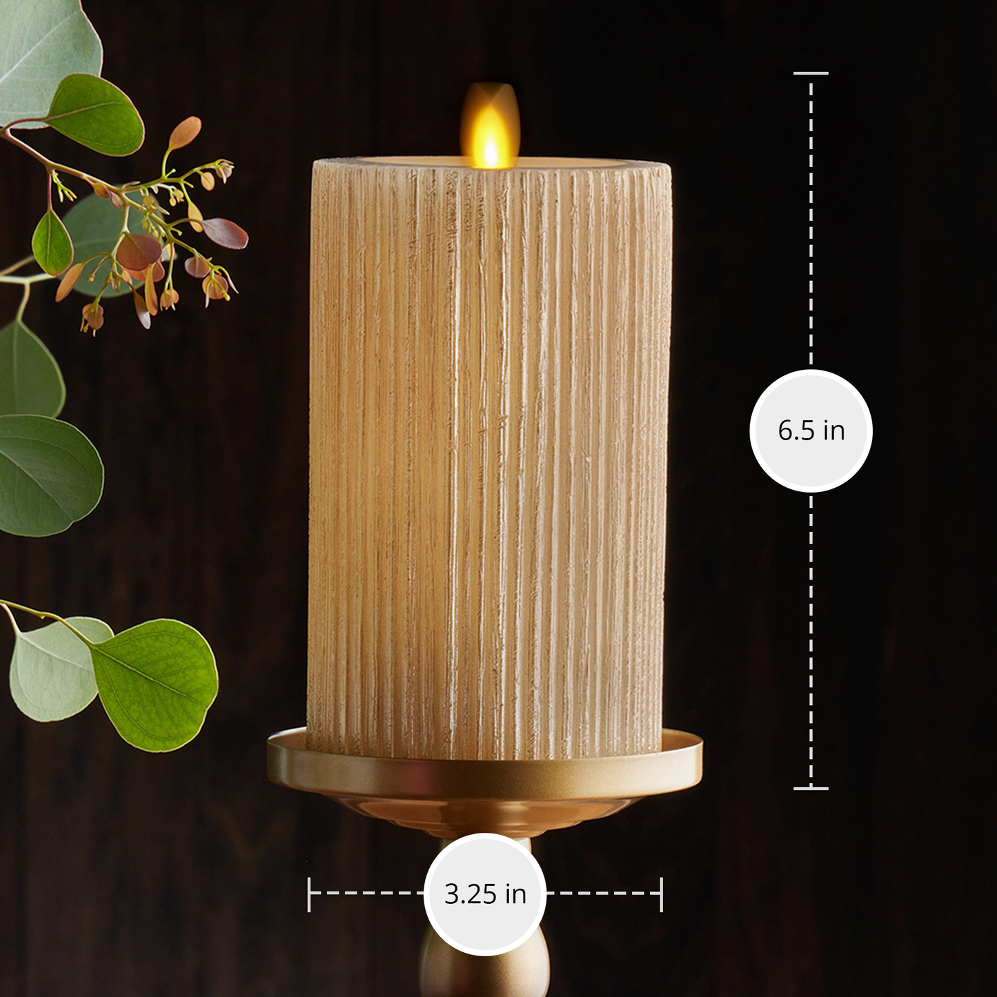 Ribbed Metallic Champagne Flameless Candle Pillar - Recessed Top