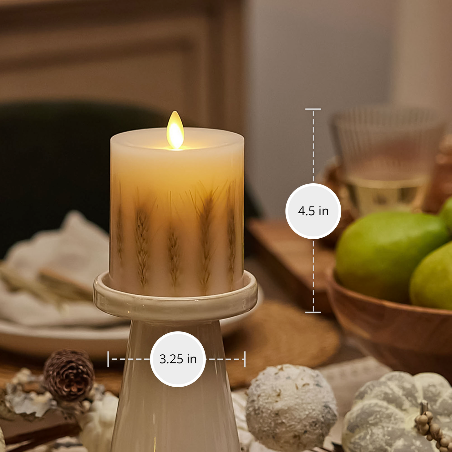 Embedded Wheat Flameless Candle Pillar - Recessed Top