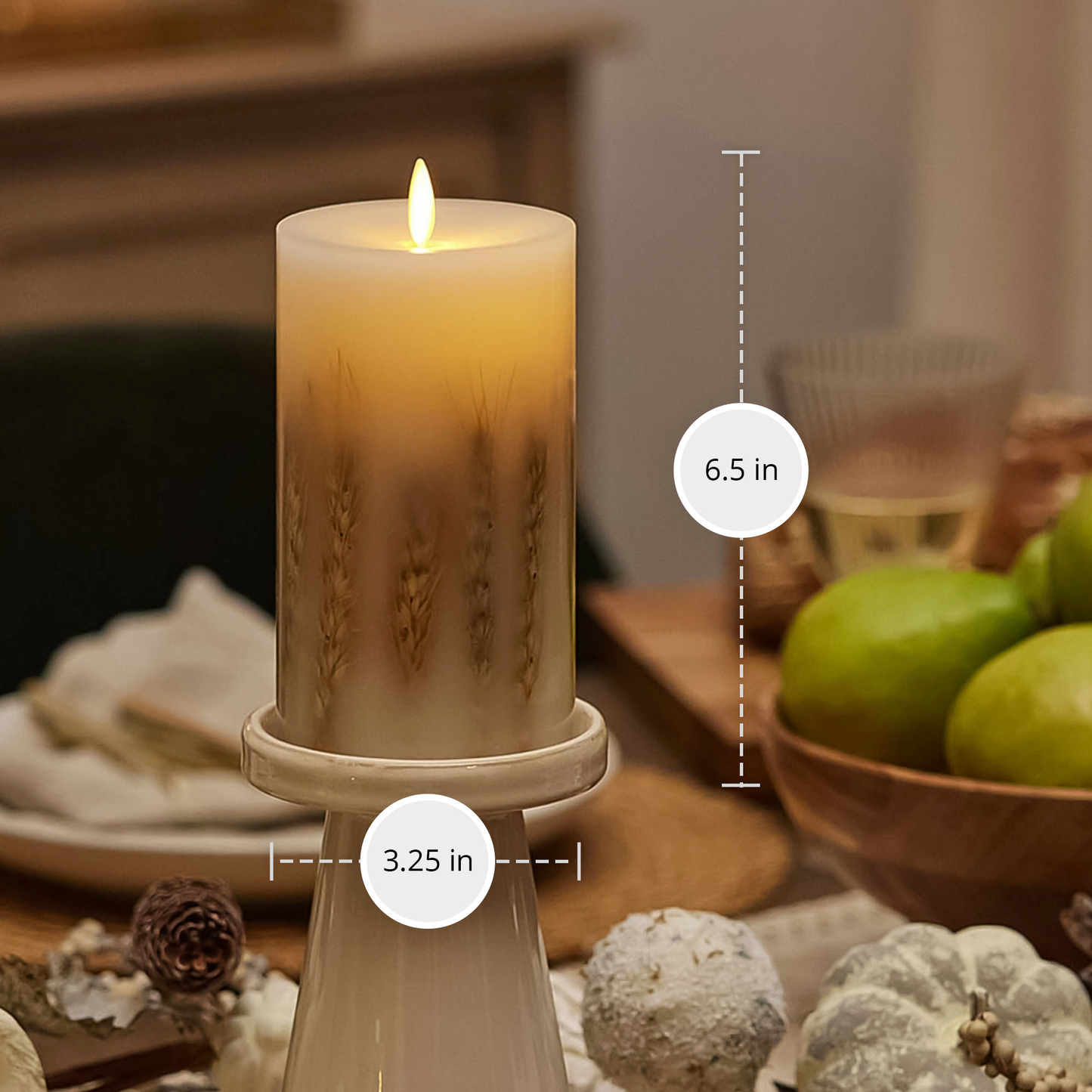 Embedded Wheat Flameless Candle Pillar - Recessed Top