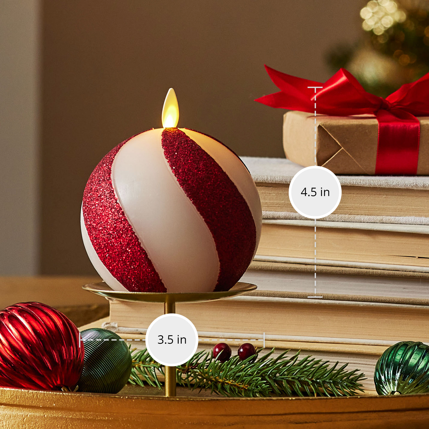 Red Candy Cane Glitter Stripe White Flameless Candle Sphere