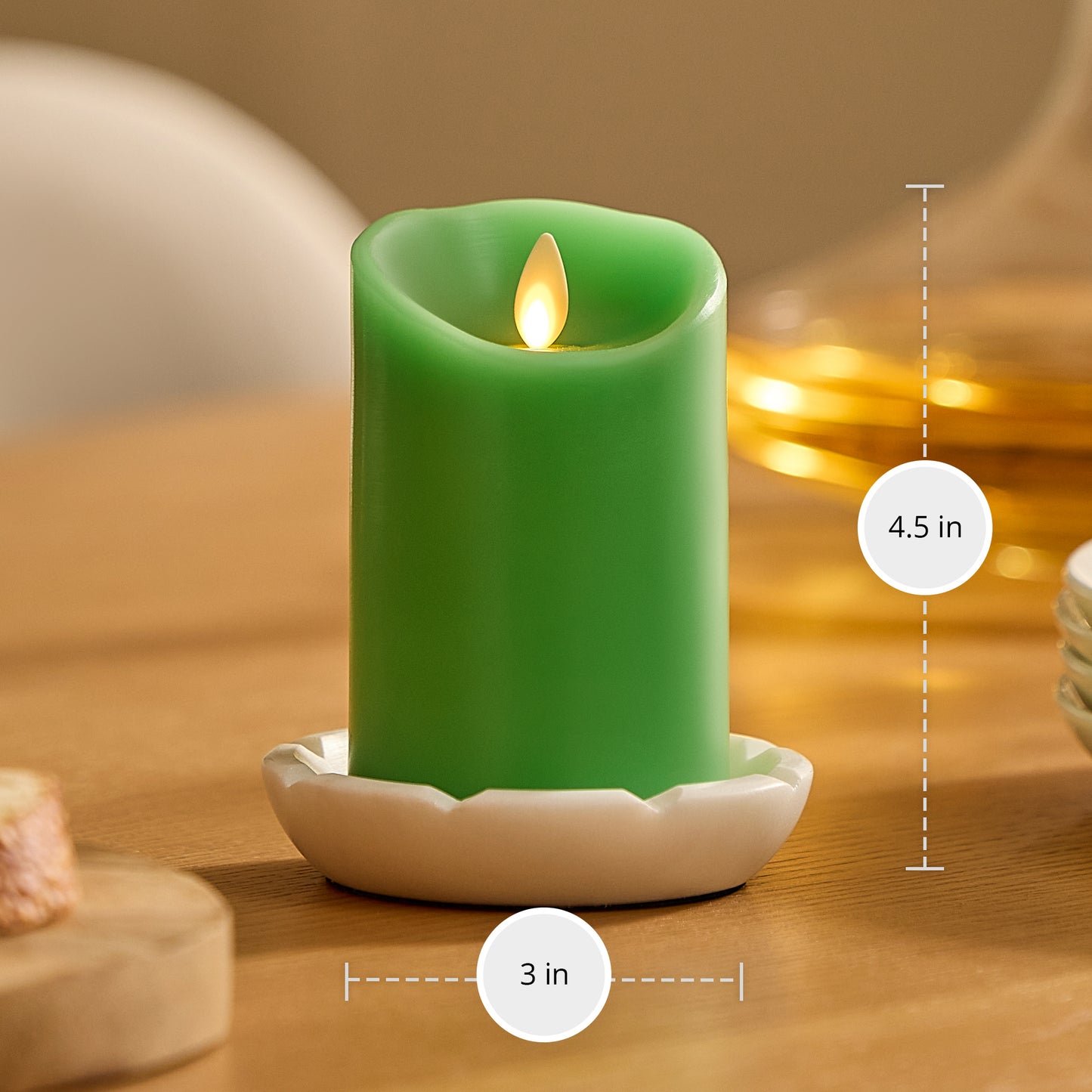 Vibrant Green Flameless Candle Pillar - Scallop Top - 3" Width