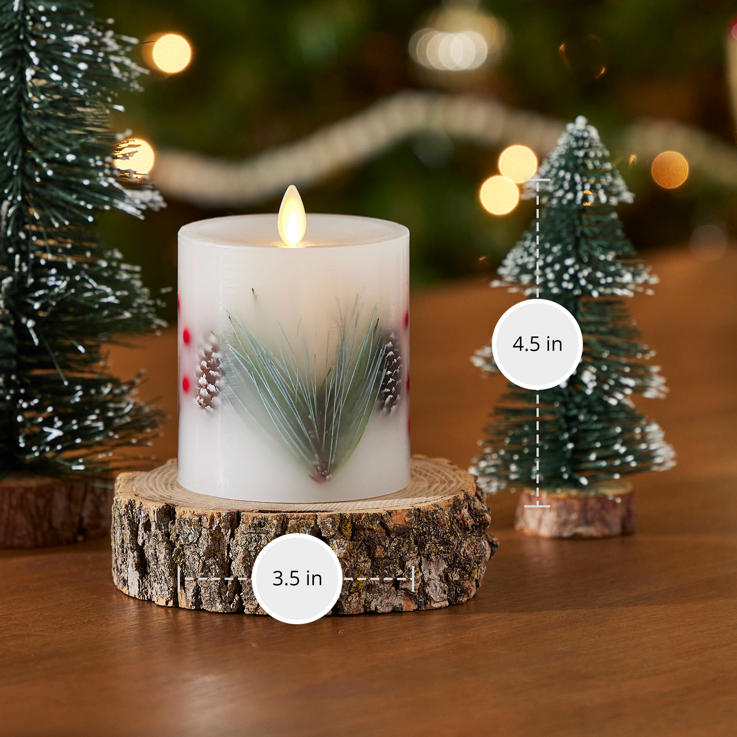 Embedded Pine, Berries & Pinecones Flameless Candle Pillar - Recessed Top