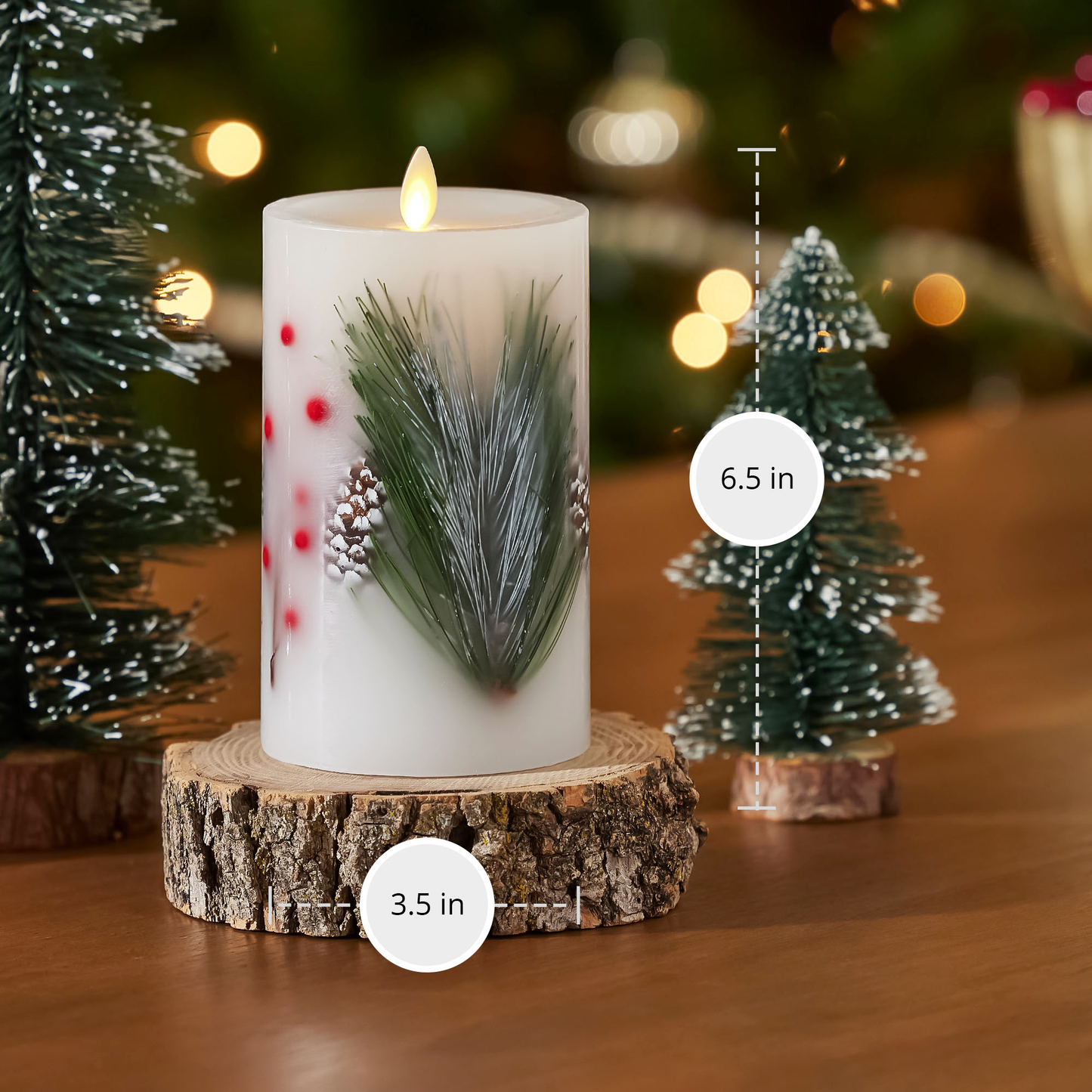 Embedded Pine, Berries & Pinecones Flameless Candle Pillar - Recessed Top