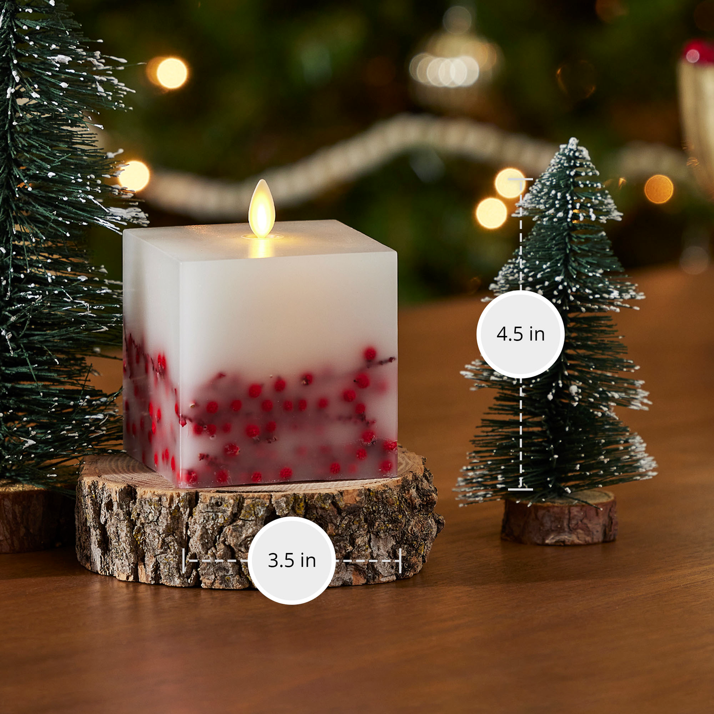 Embedded Red Berries Flameless Candle Square Pillar - Flat Top