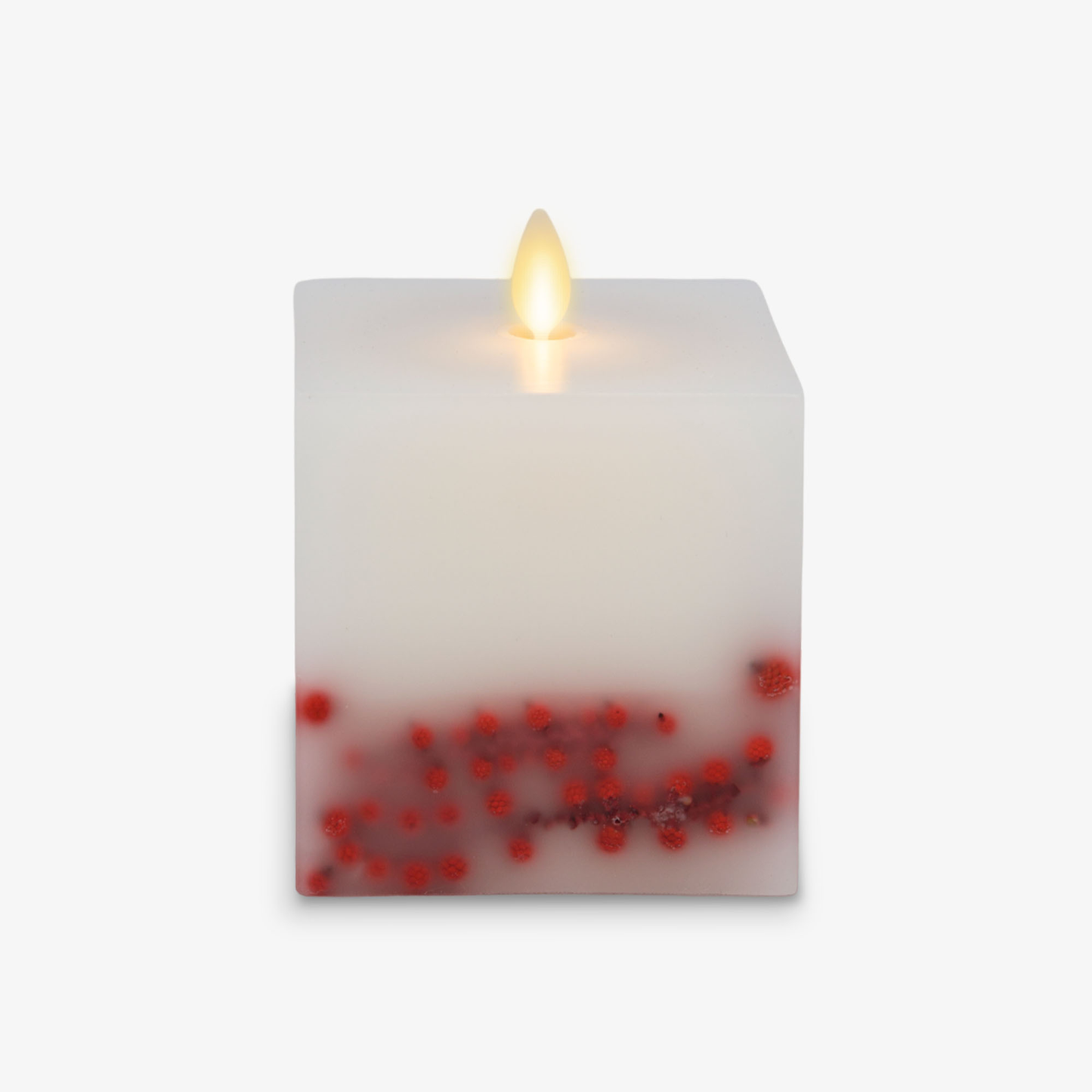 Embedded Red Berries Flameless Candle Square Pillar - Flat Top