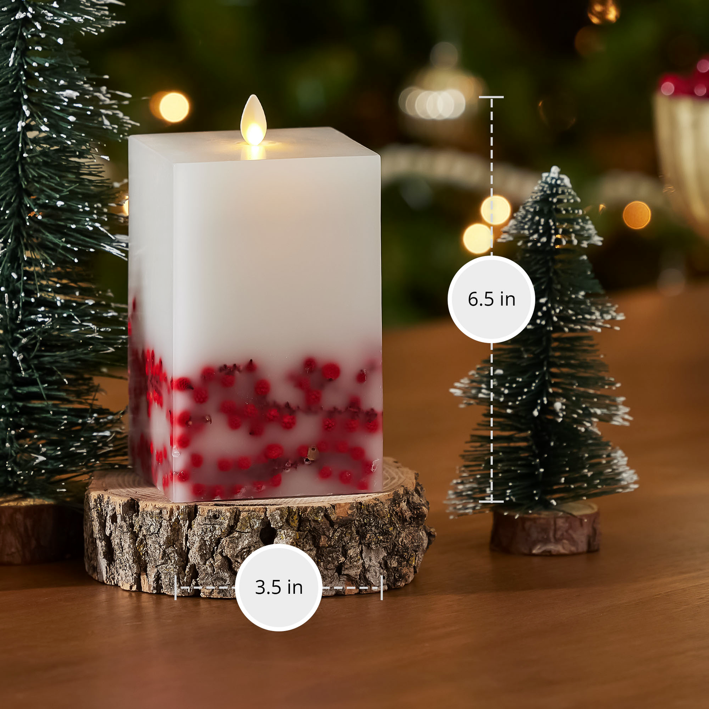 Embedded Red Berries Flameless Candle Square Pillar - Flat Top