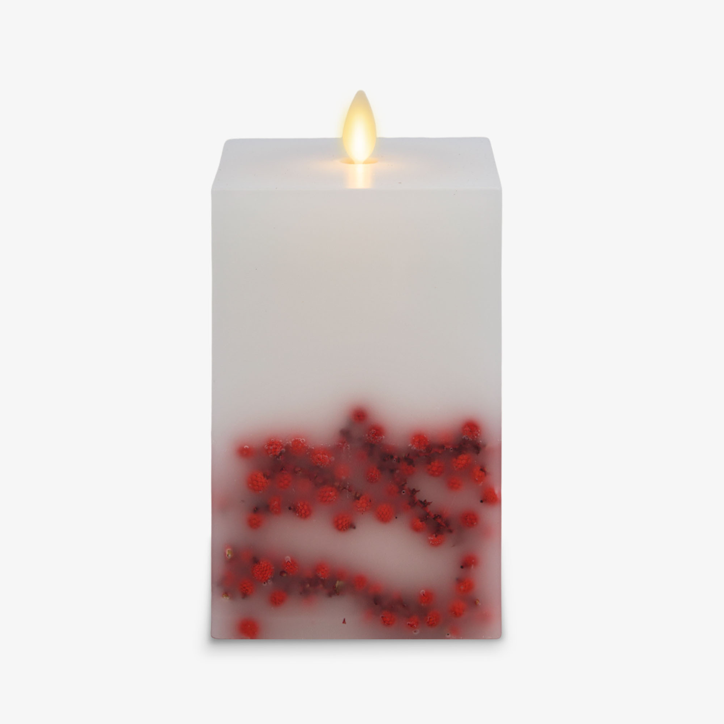 Embedded Red Berries Flameless Candle Square Pillar - Flat Top