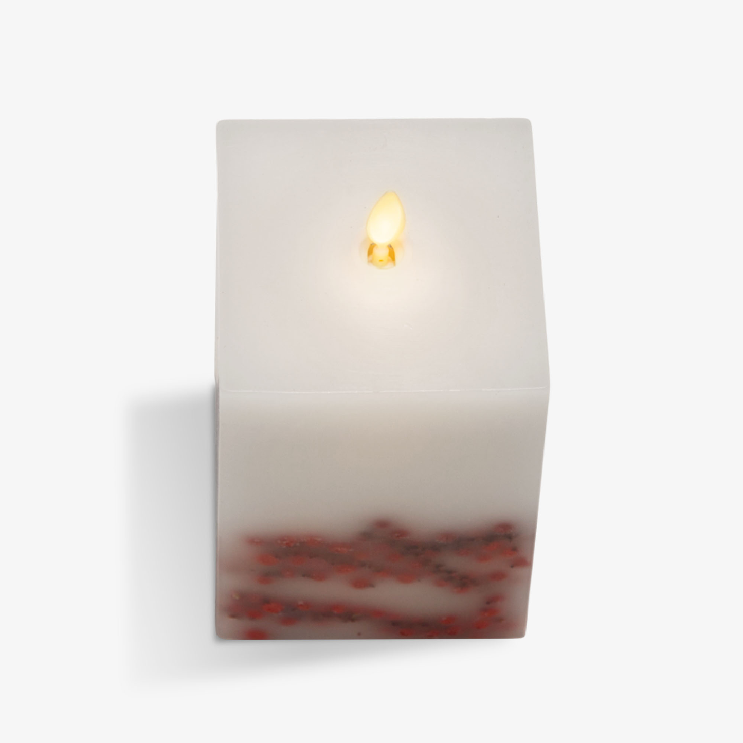 Embedded Red Berries Flameless Candle Square Pillar - Flat Top