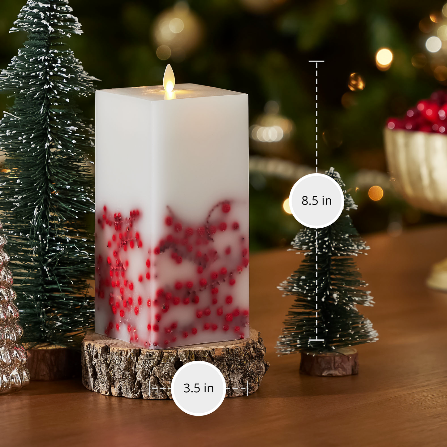 Embedded Red Berries Flameless Candle Square Pillar - Flat Top
