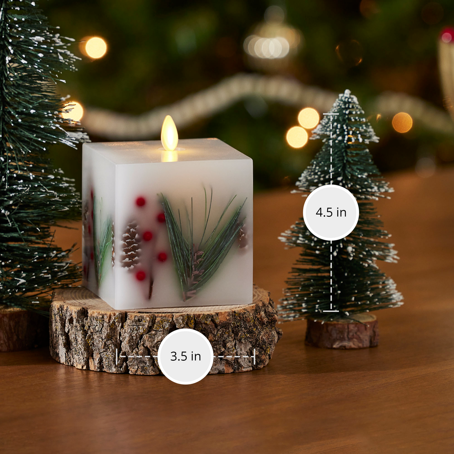 Embedded Pine, Berries & Pinecones Flameless Candle Square Pillar - Flat Top