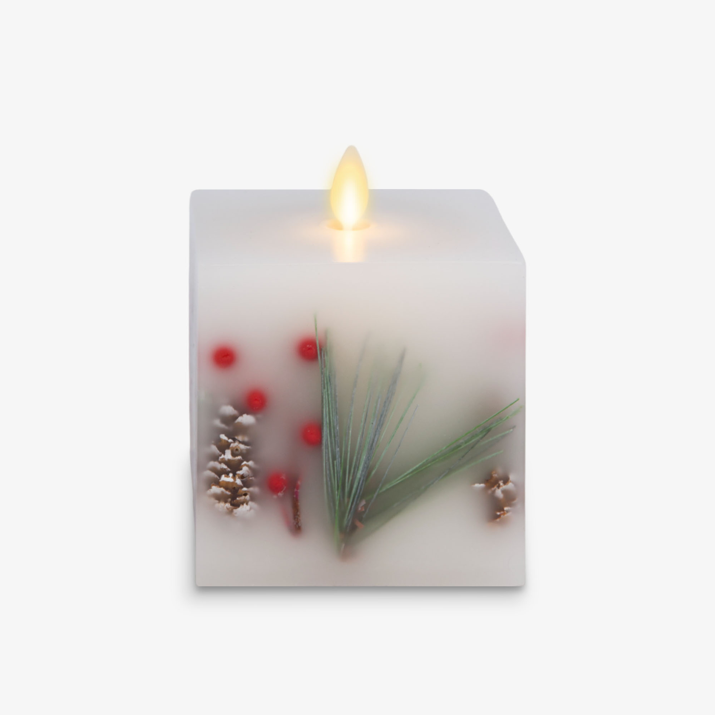 Embedded Pine, Berries & Pinecones Flameless Candle Square Pillar - Flat Top