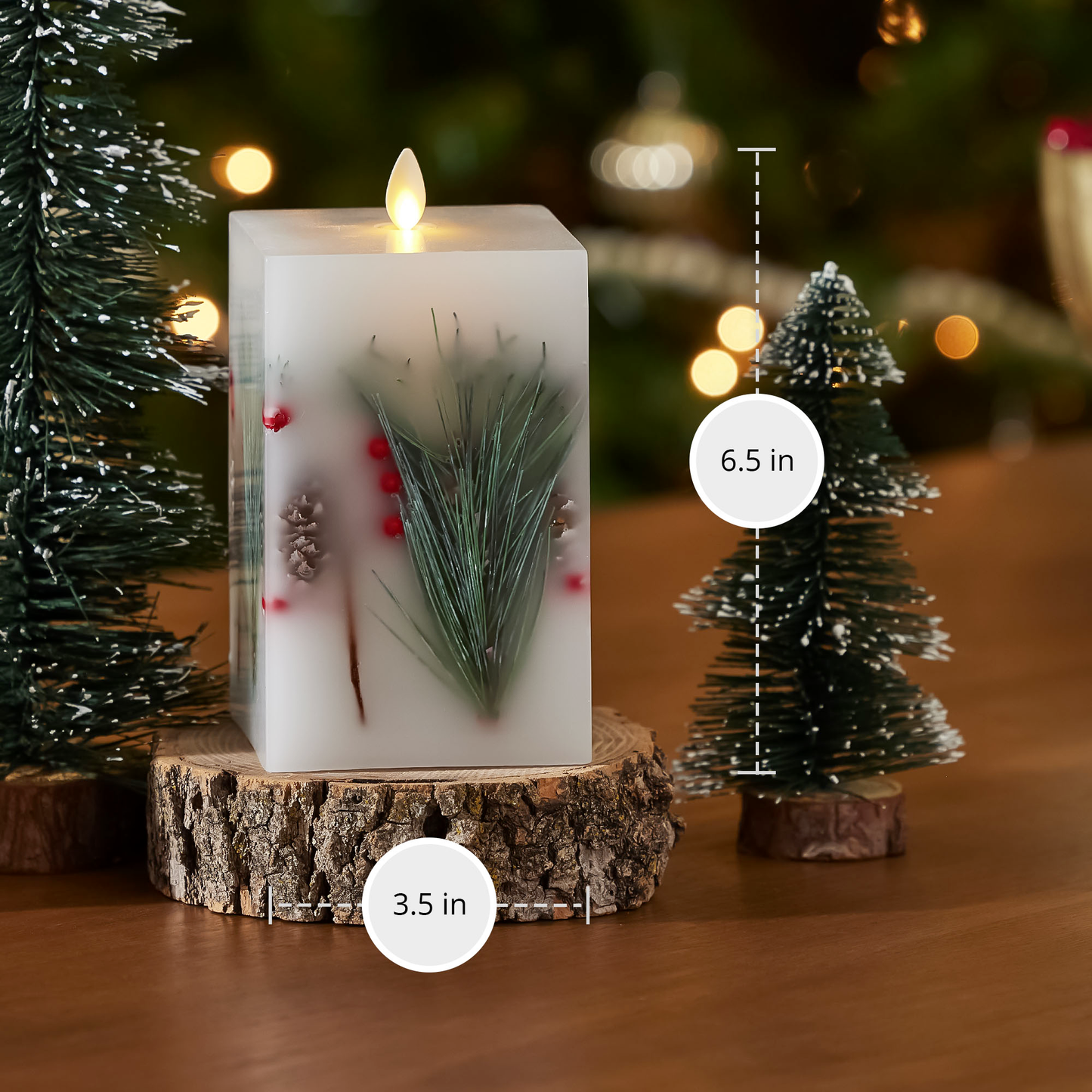 Embedded Pine, Berries & Pinecones Flameless Candle Square Pillar - Flat Top