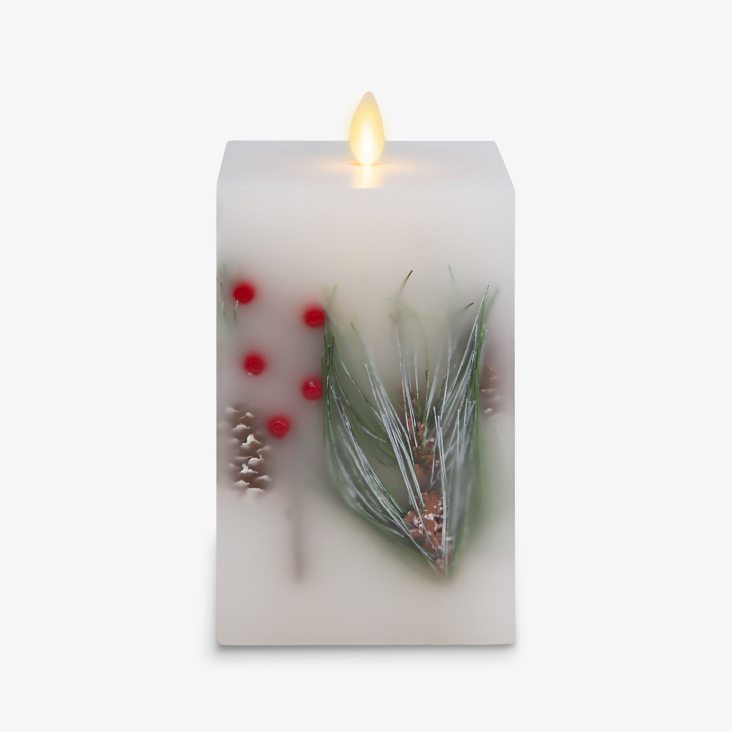 Embedded Pine, Berries & Pinecones Flameless Candle Square Pillar - Flat Top