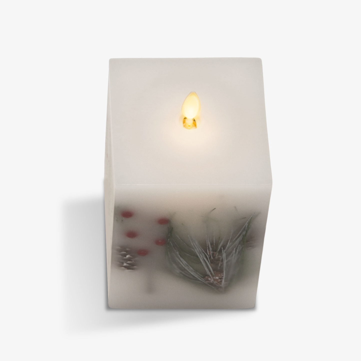 Embedded Pine, Berries & Pinecones Flameless Candle Square Pillar - Flat Top