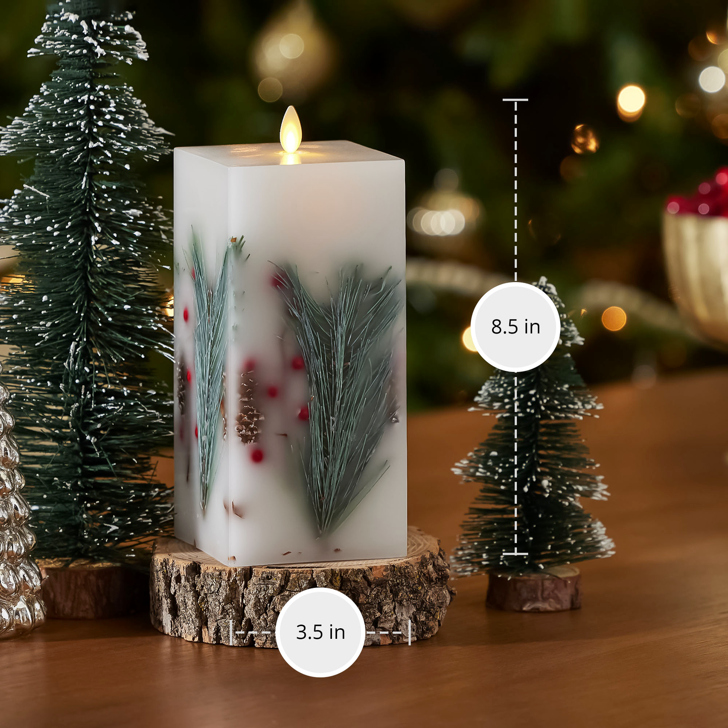 Embedded Pine, Berries & Pinecones Flameless Candle Square Pillar - Flat Top