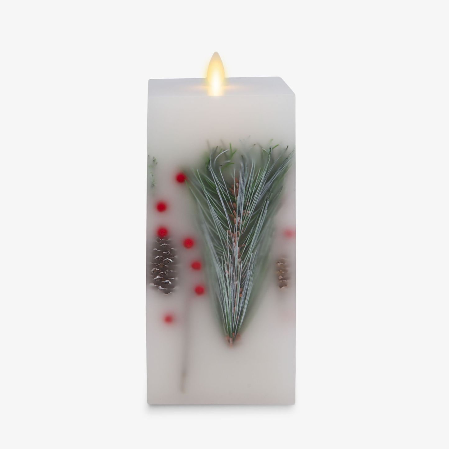 Embedded Pine, Berries & Pinecones Flameless Candle Square Pillar - Flat Top