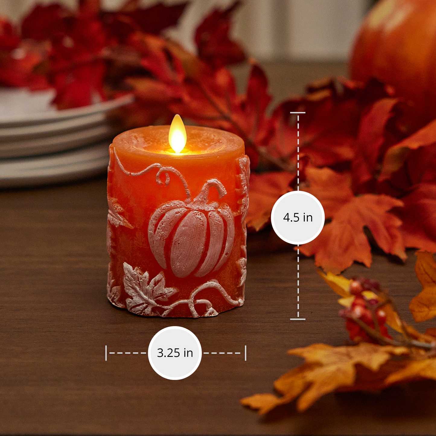 Embossed Leaves & Pumpkins Flameless Candle Pillar - Recessed Top