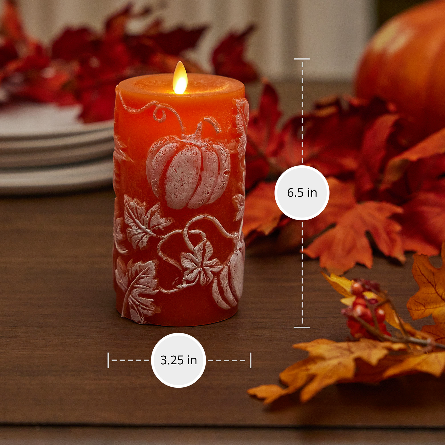 Embossed Leaves & Pumpkins Flameless Candle Pillar - Recessed Top