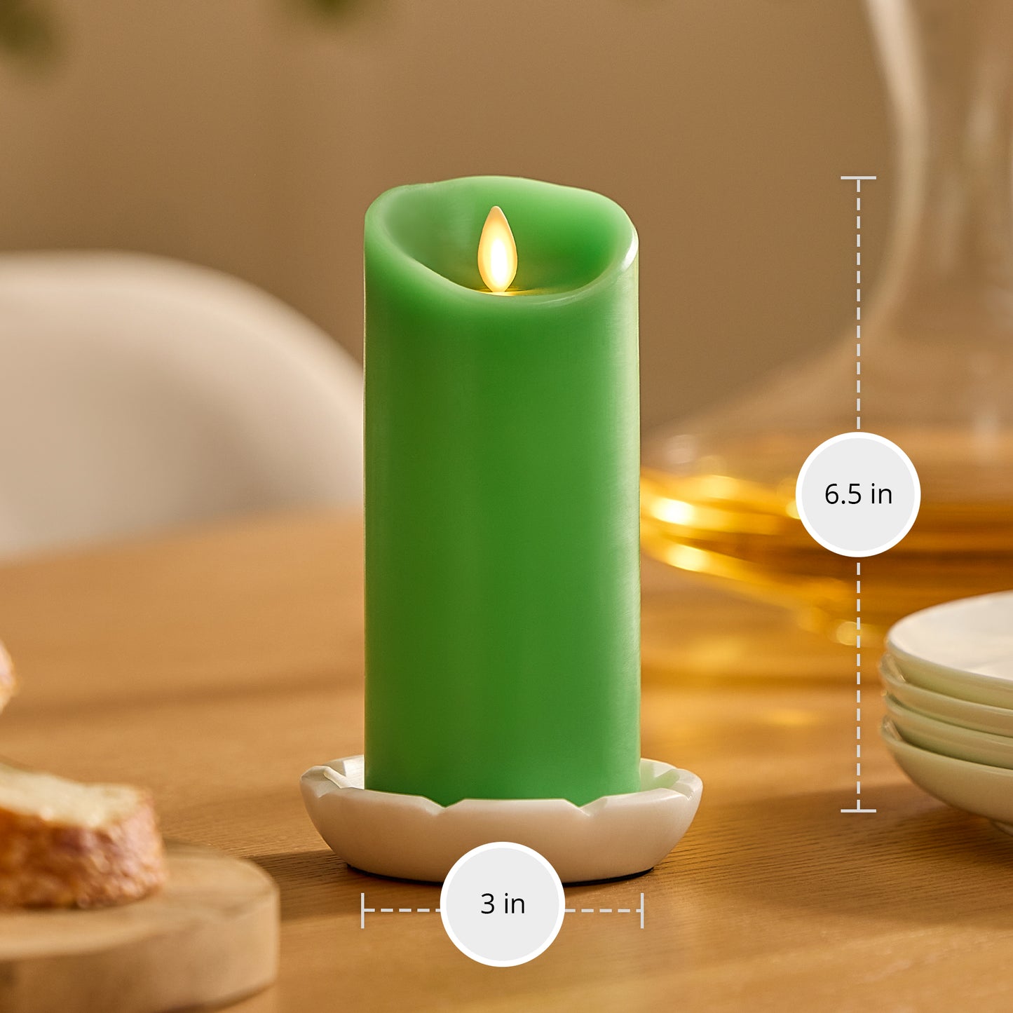 Vibrant Green Flameless Candle Pillar - Scallop Top - 3" Width