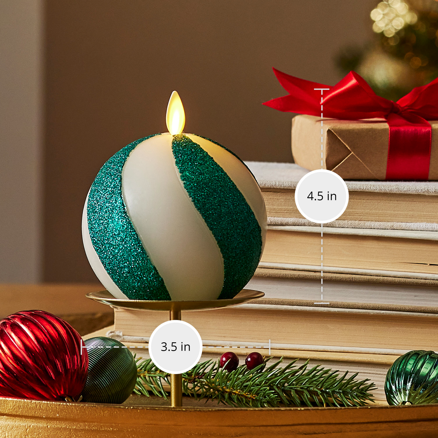 Green Candy Cane Glitter Stripe Flameless Candle Sphere