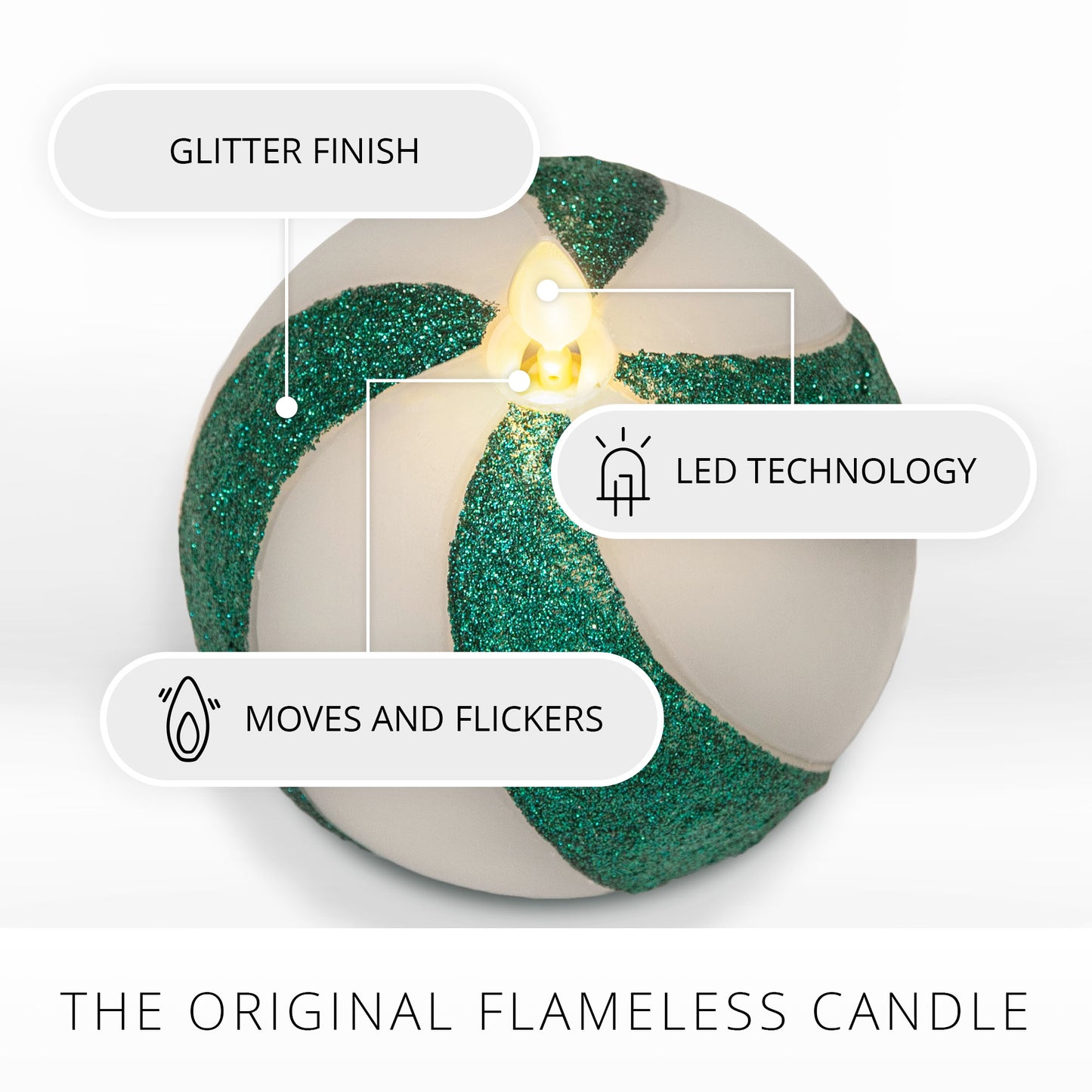 Green Candy Cane Glitter Stripe Flameless Candle Sphere
