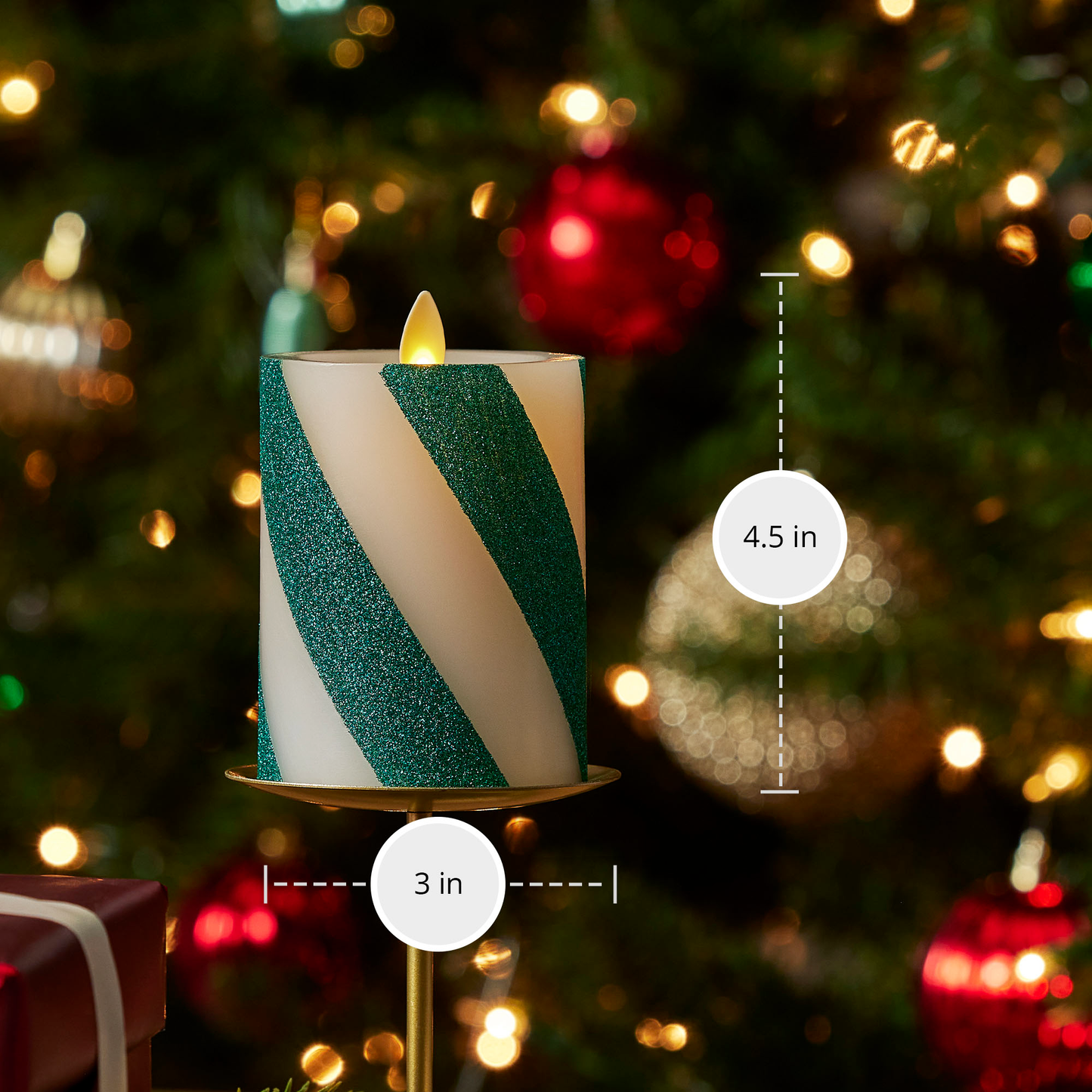 Green Candy Cane Wide Glitter Stripe Flameless Candle Pillar - Recessed Top