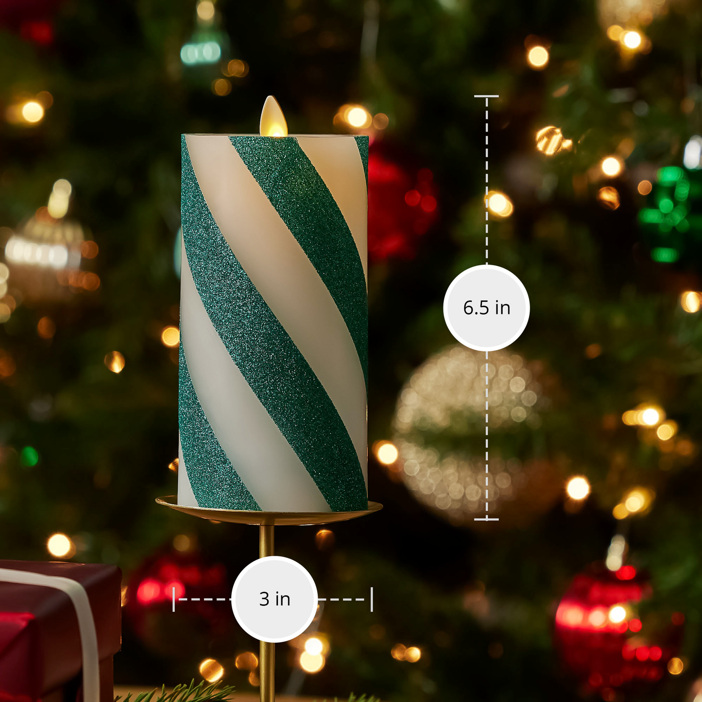 Green Candy Cane Wide Glitter Stripe Flameless Candle Pillar - Recessed Top
