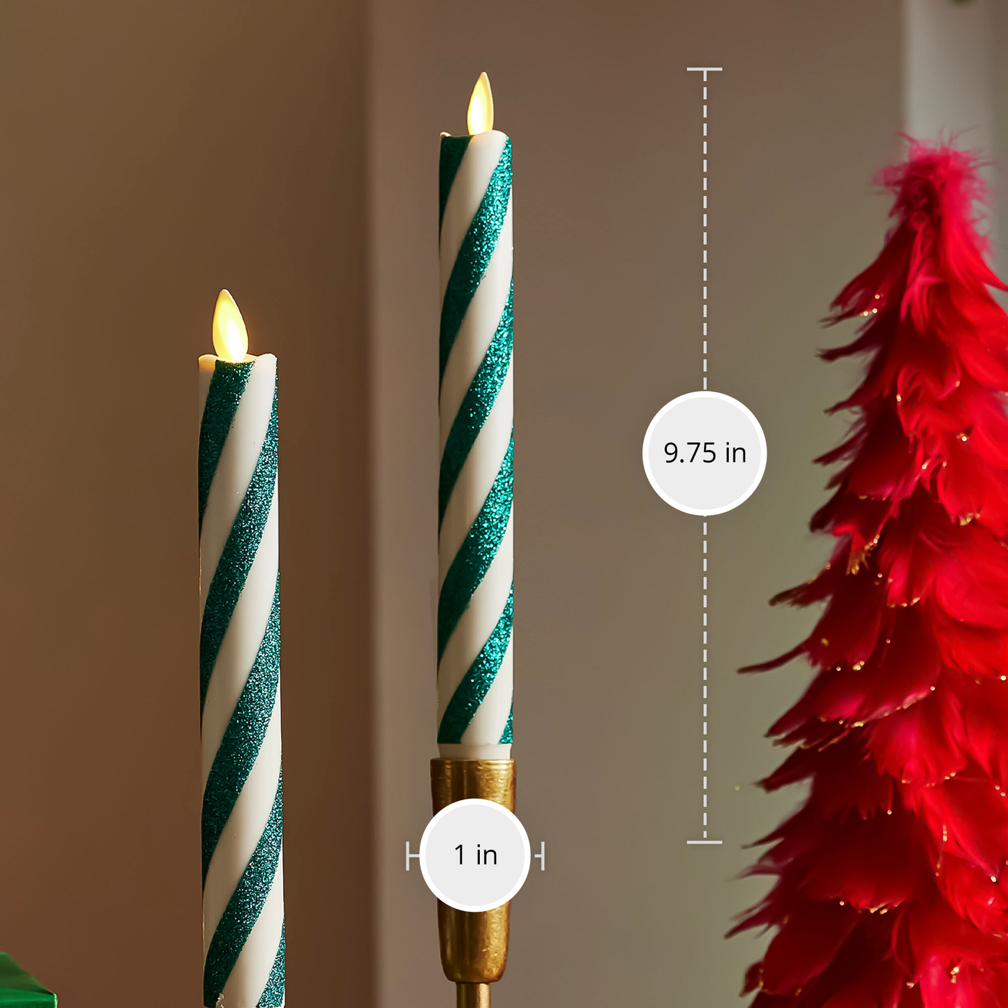 Green Candy Cane Glitter Stripe Flameless Candle Tapers - Melted Top (Set of 2)