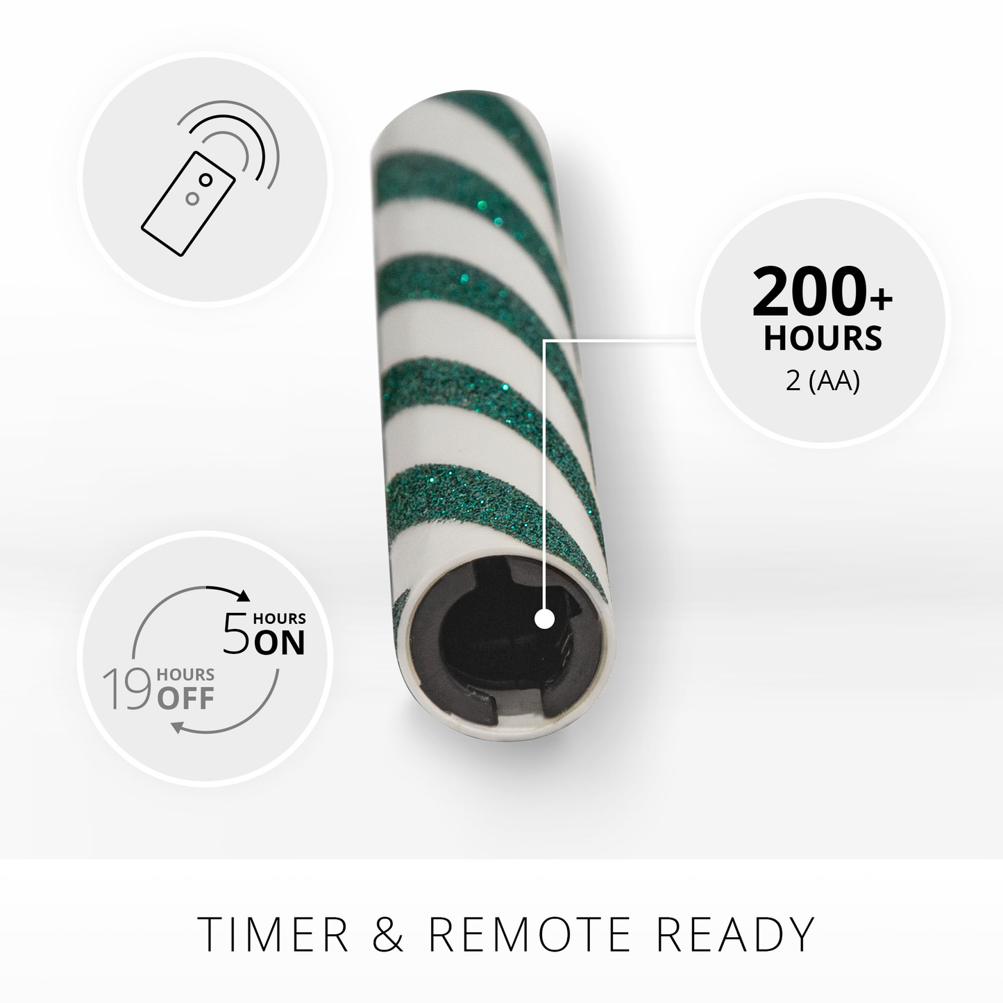 Green Candy Cane Glitter Stripe Flameless Candle Tapers - Melted Top (Set of 2)