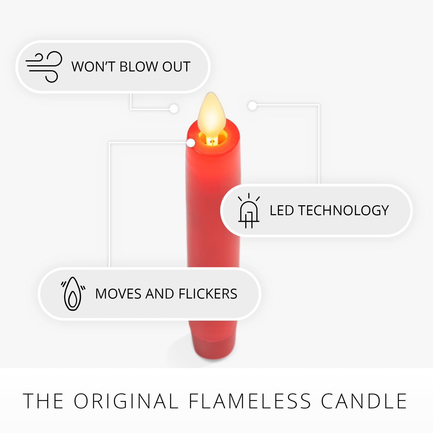 True Red Flameless Candle Tapers - Flat Top - 6.75" Height - Set of 2