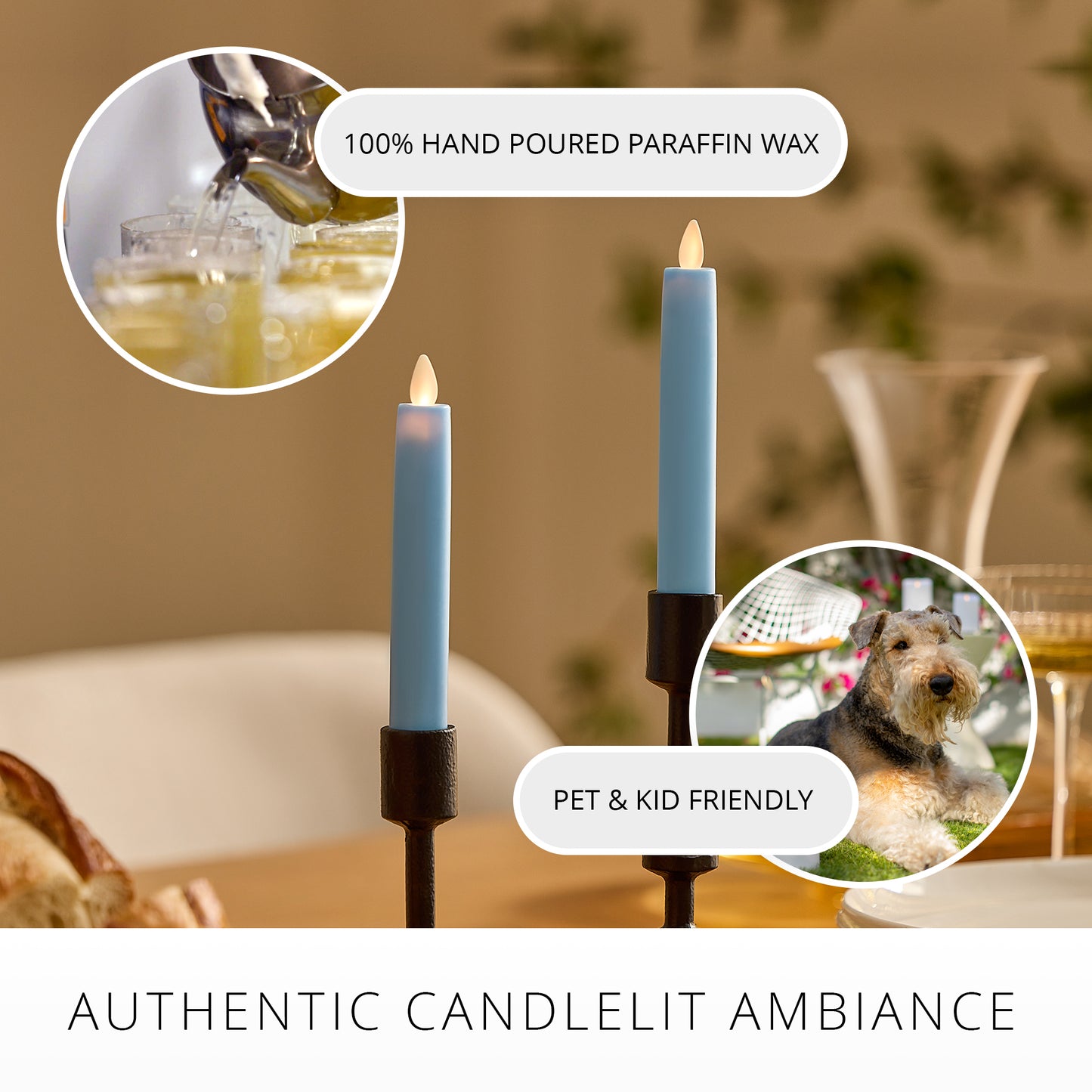 Airy Blue Flameless Candle Tapers - Flat Top - 6.75" Height - Set of 2