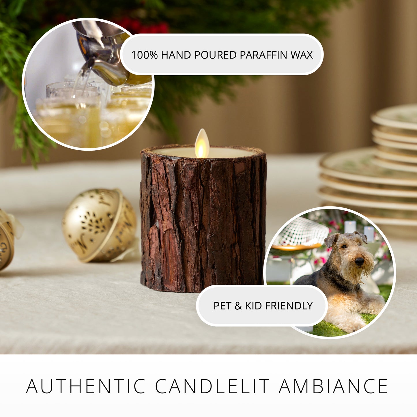 Real Bark Wood Flameless Candle Pillar
