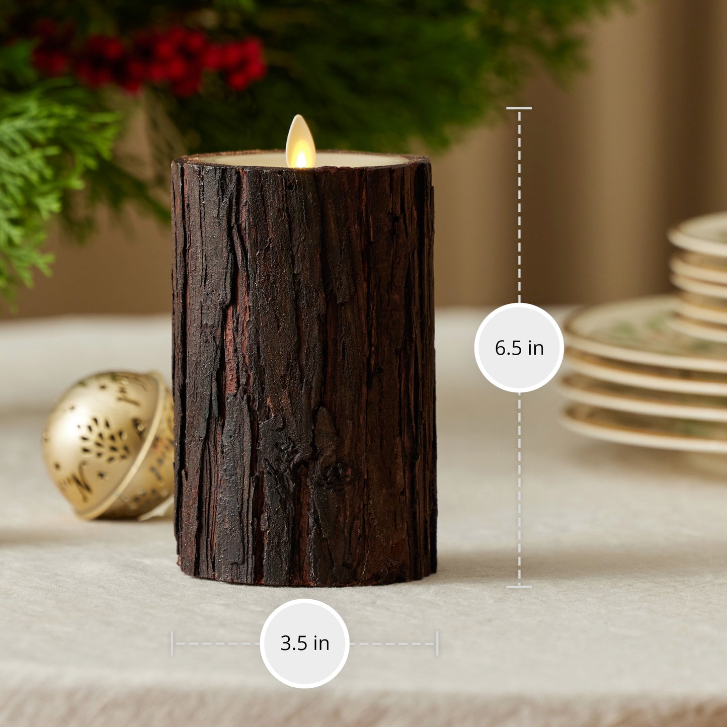 Real Bark Wood Flameless Candle Pillar