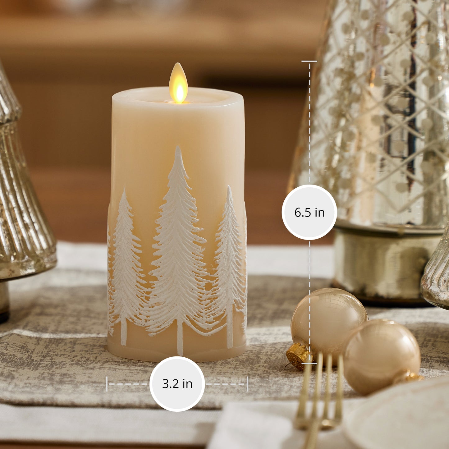 White Swan Embossed Trees Flameless Candle Pillar